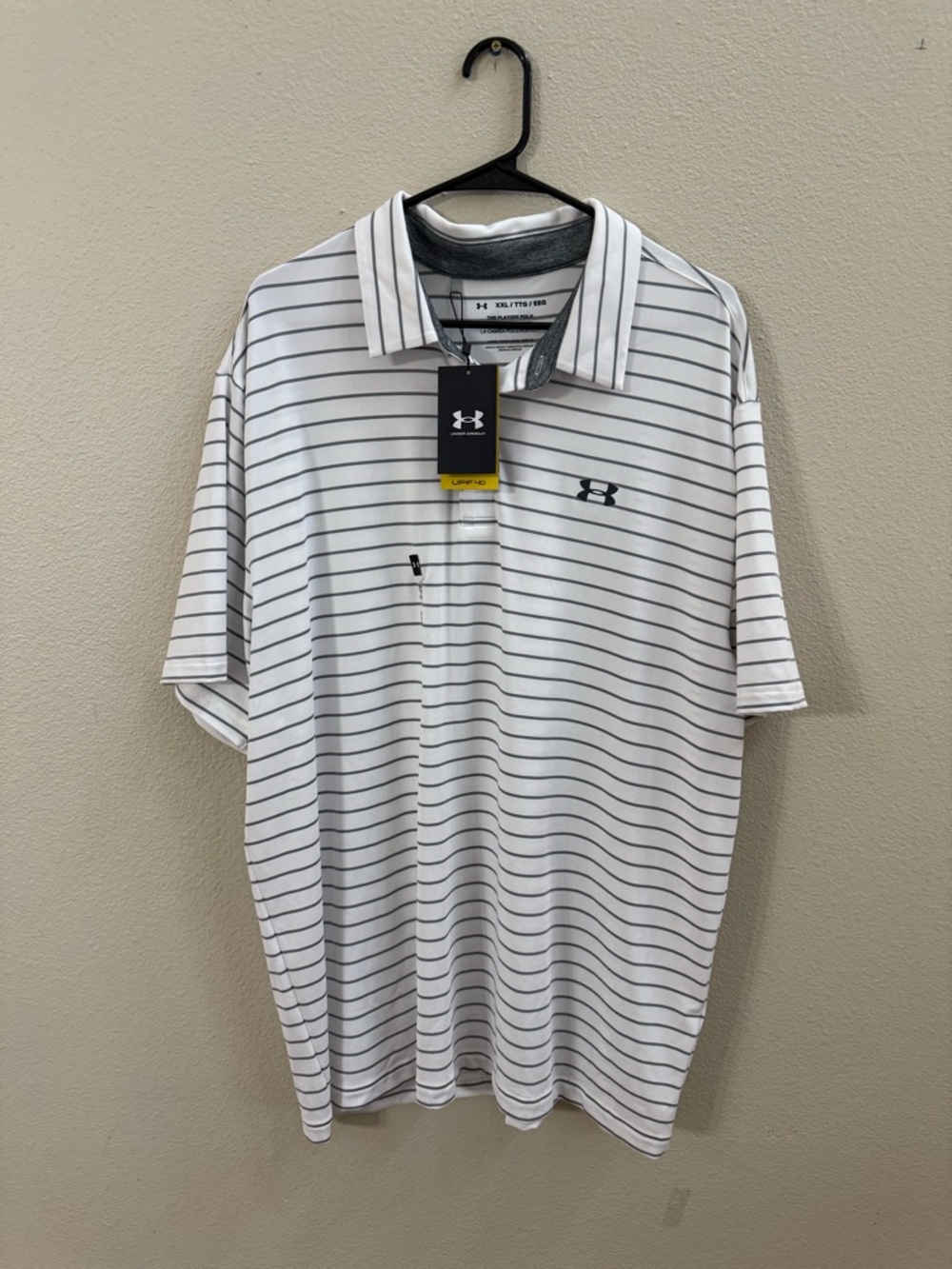 Under Armour White Polo with Thin Gray Stripes